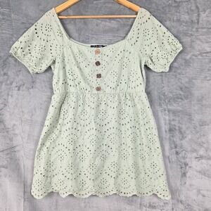 Womens Dress Large Green Cottagecore Boho Babydoll Eyelet Floral Milkmaid Mini